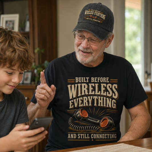 An older man wearing a black graphic t-shirt and a matching baseball cap sits at a table with a young boy looking at a phone. The man's shirt features the text 'BUILT BEFORE WIRELESS EVERYTHING AND STILL CONNECTING' with a vintage telephone graphic.