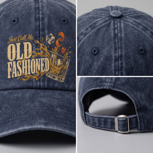 Navy washed cap detail collage with front print, crown, brim, and strap