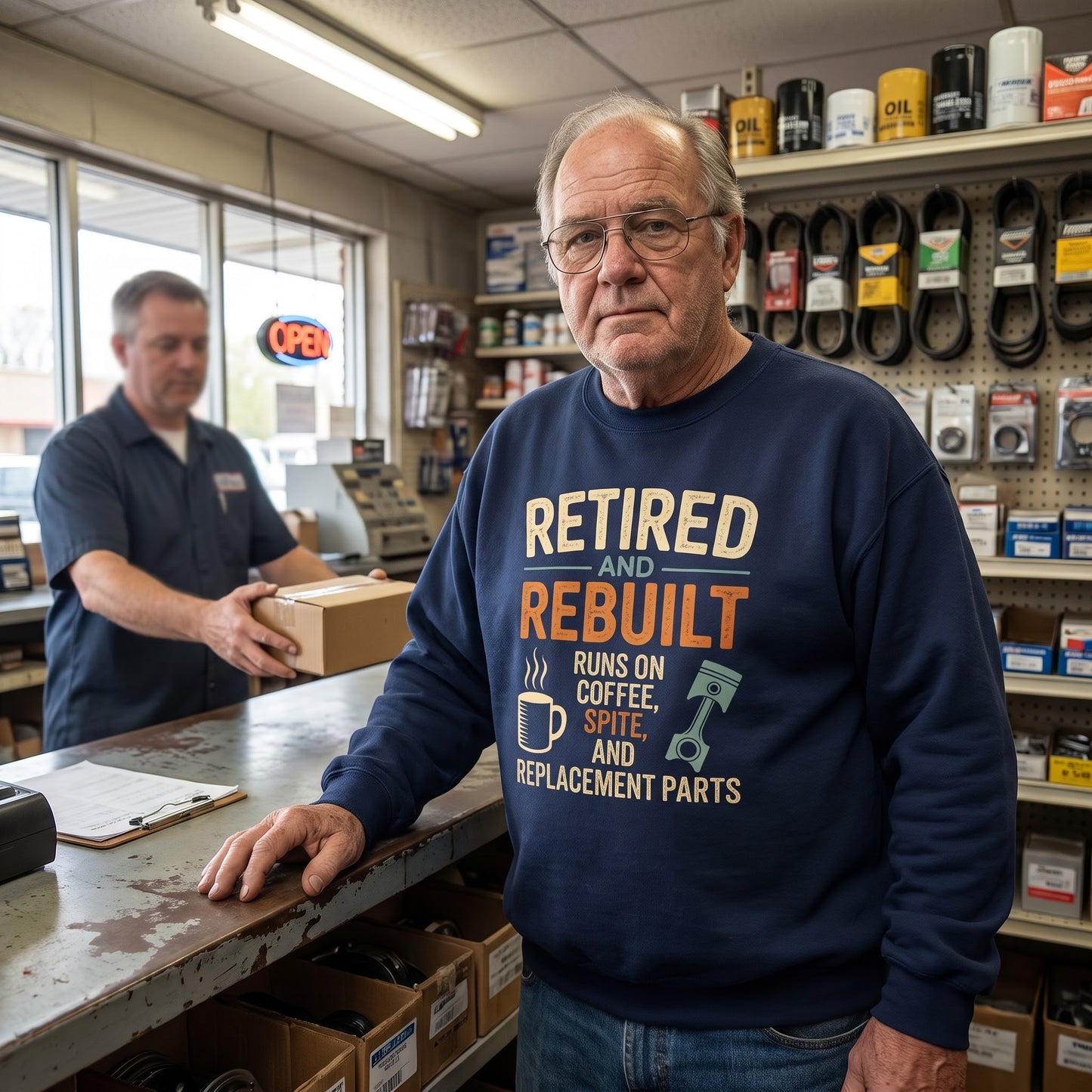 "Retired & Rebuilt. Runs on Coffee, Spite and Replacement Parts" Vintage Sweatshirt