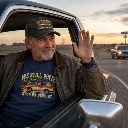 A man sitting in the driver's seat of a vintage truck waves from the window at a road at sunset. He is wearing a navy blue graphic t-shirt with a truck illustration and the text 'WE STILL WAVE WHEN WE DRIVE BY', along with a brown jacket and a dark baseball cap.