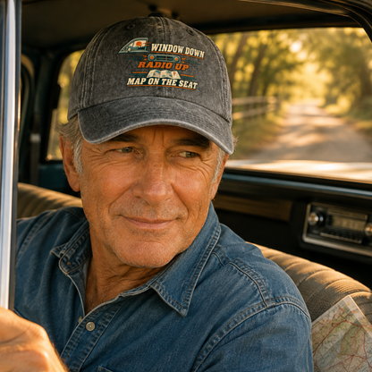 "Window Down Radio Up. Map On The Seat" Vintage Washed Cap