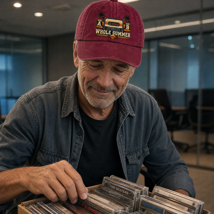 A smiling man wearing a burgundy baseball cap with 'WHOLE SUMMER' embroidered on the front, looking down at a tray of vintage cassette tapes in an office setting.