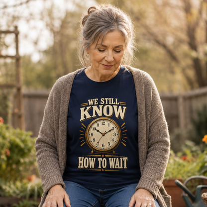 An older woman sitting outdoors in a garden, wearing a navy blue graphic t-shirt with a vintage clock design and the text 'WE STILL KNOW HOW TO WAIT', layered under a brown cardigan.
