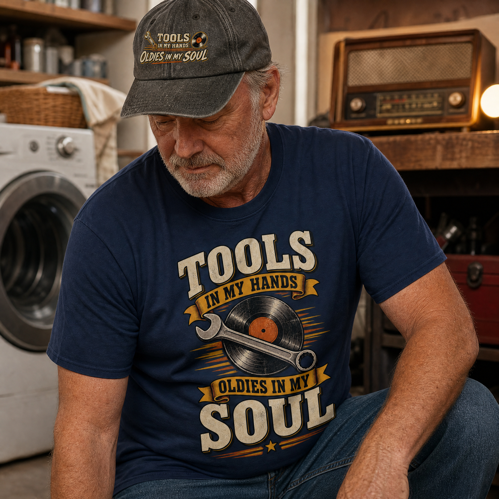believable older man around 62 with weathered skin, gray stubble, and a work shirt wearing the "Tools In My Hands. Oldies In My Soul" vintage t-shirt and cap, kneeling to pick up a wrench that rolled across the floor when the washing machine kicked on, an old song playing from the shelf radio