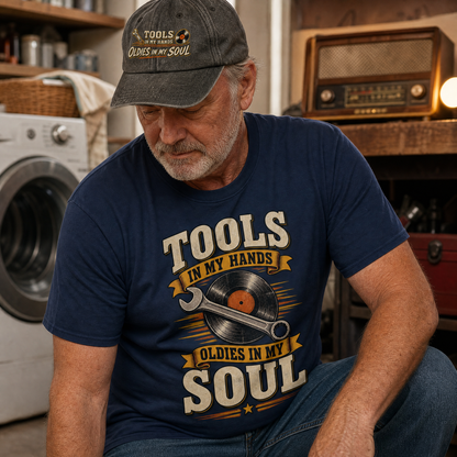 believable older man around 62 with weathered skin, gray stubble, and a work shirt wearing the "Tools In My Hands. Oldies In My Soul" vintage t-shirt and cap, kneeling to pick up a wrench that rolled across the floor when the washing machine kicked on, an old song playing from the shelf radio