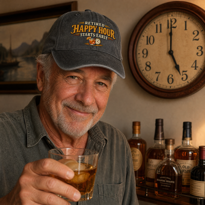 "Retired. Happy Hour Starts Early" Vintage Washed Cap
