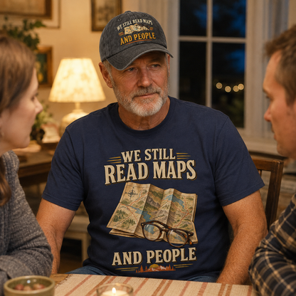 A man wearing a navy blue graphic t-shirt and a matching baseball cap sits at a dinner table with two women, in a warmly lit home setting. The t-shirt features a vintage-style map graphic with the text 'WE STILL READ MAPS AND PEOPLE'.
