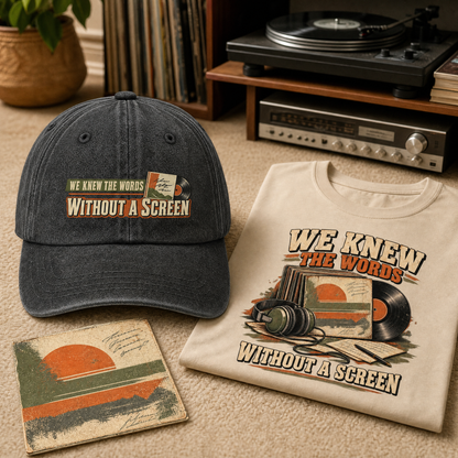 A dark washed baseball cap and a cream T-shirt both printed with the phrase “WE KNEW THE WORDS WITHOUT A SCREEN,” styled on a carpet with vinyl records, a turntable, and a small matching card in a retro room setting.
