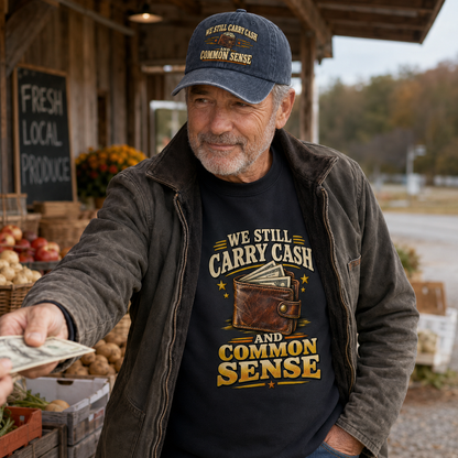 A man wearing a dark navy graphic t-shirt and a matching baseball cap stands at an outdoor farmers market, handing a dollar bill to a vendor. The t-shirt features a graphic of a brown wallet and the text 'WE STILL CARRY CASH AND COMMON SENSE' in a distressed yellow font.