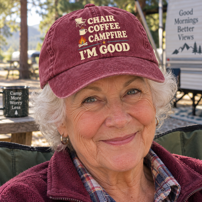"Chair Coffee Campfire. I'm Good" Vintage Washed Cap