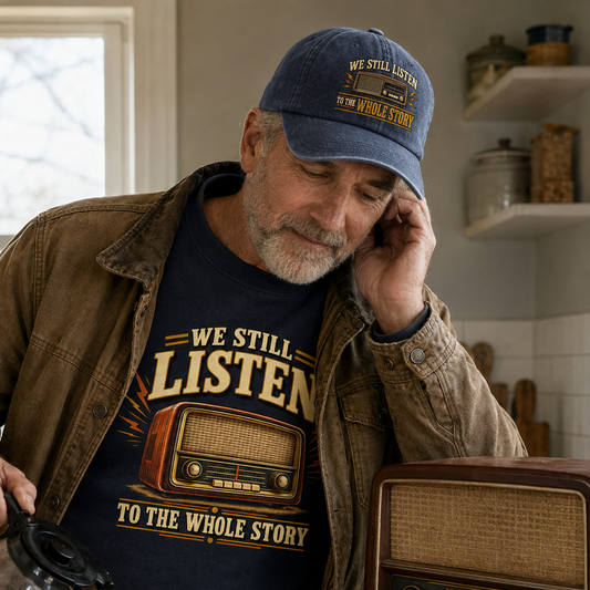 A man in a kitchen wearing a navy graphic T-shirt and matching navy baseball cap. The shirts and caps feature a vintage radio graphic and the text 'WE STILL LISTEN TO THE WHOLE STORY'.