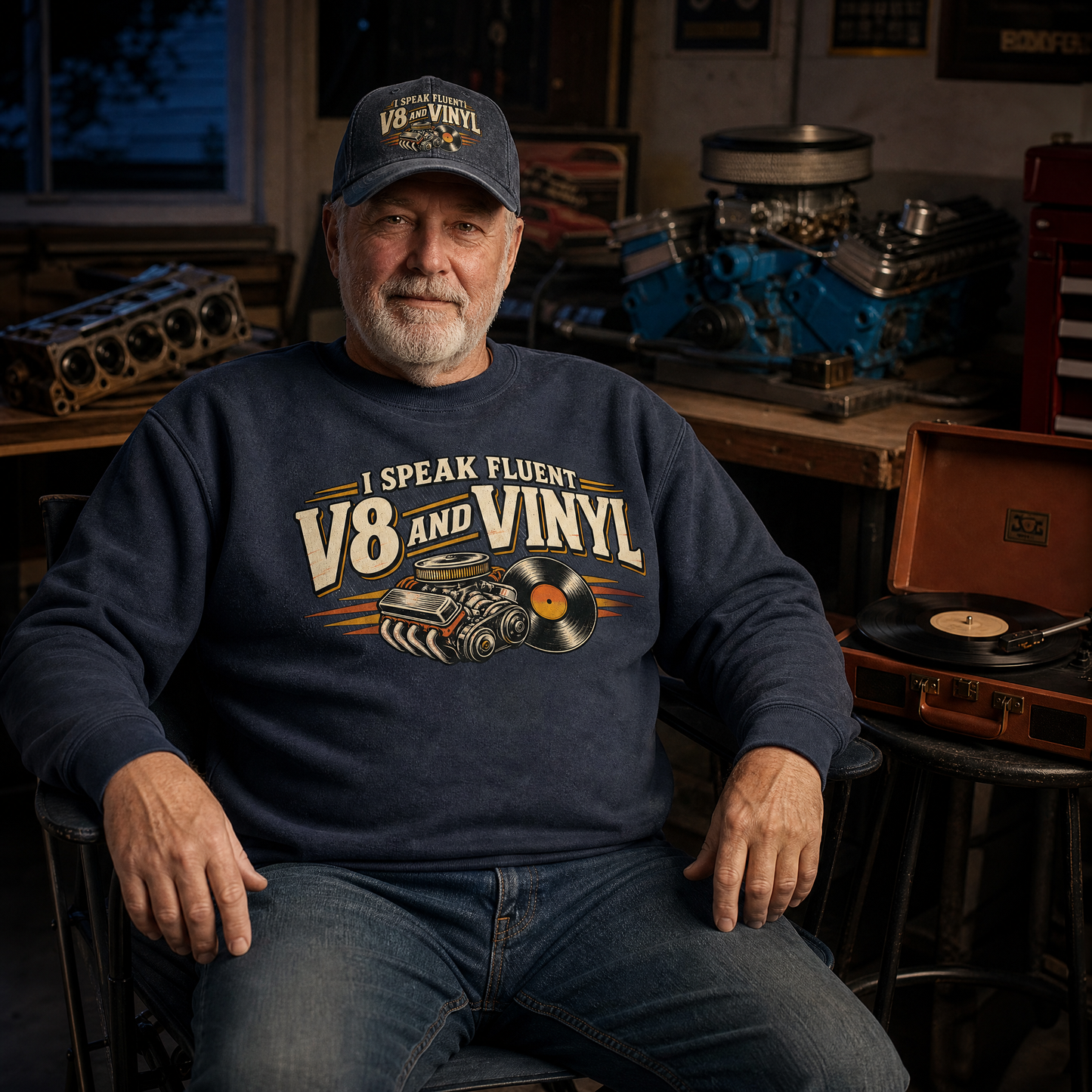 A man wearing a navy blue crewneck sweatshirt with a 'I SPEAK FLUENT V8 AND VINYL' graphic and a matching baseball cap, sitting in a garage workshop with engine parts and a vinyl record player in the background.