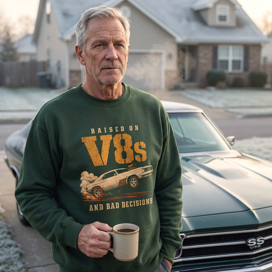 Vintage sweatshirt with Raised on V8s and Bad Decisions printed muscle car design