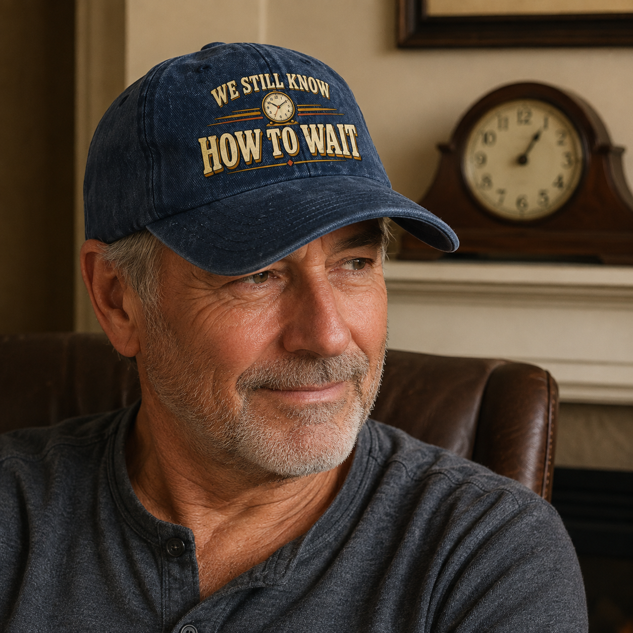 A smiling older man wearing a navy blue baseball cap with the text 'WE STILL KNOW HOW TO WAIT' and a small clock graphic, seated indoors in a brown leather chair with a wall clock and fireplace in the background.
