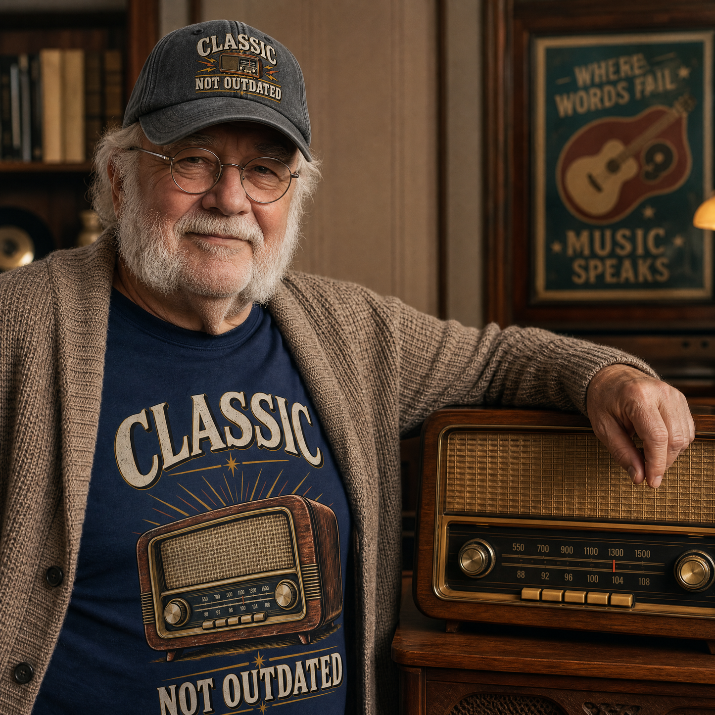 An older man with a white beard and glasses wears a dark gray cap and a navy graphic T-shirt with a vintage radio design and the words 'CLASSIC NOT OUTDATED.' He is leaning on a wooden radio in a warmly lit room with framed wall art and shelves in the background.