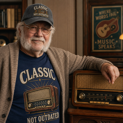 An older man with a white beard and glasses wears a dark gray cap and a navy graphic T-shirt with a vintage radio design and the words 'CLASSIC NOT OUTDATED.' He is leaning on a wooden radio in a warmly lit room with framed wall art and shelves in the background.