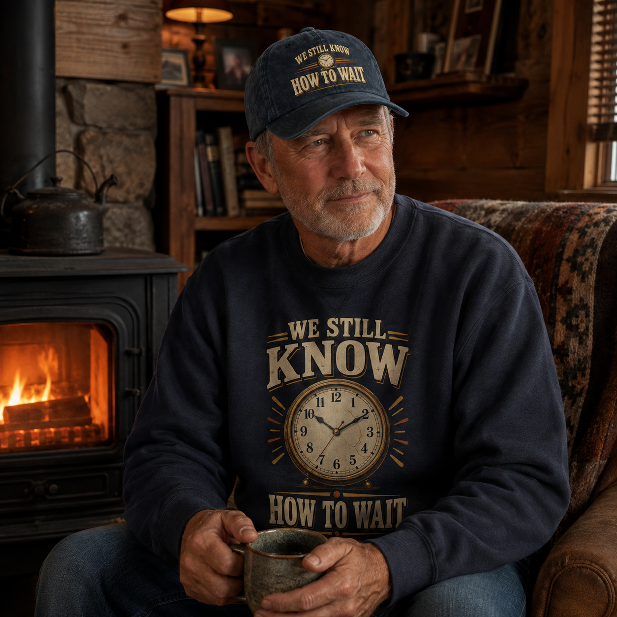 An older man sits in a cozy cabin setting with a wood-burning stove, wearing a black sweatshirt and matching baseball cap. The sweatshirt features a graphic of a clock with the text 'WE STILL KNOW HOW TO WAIT'.