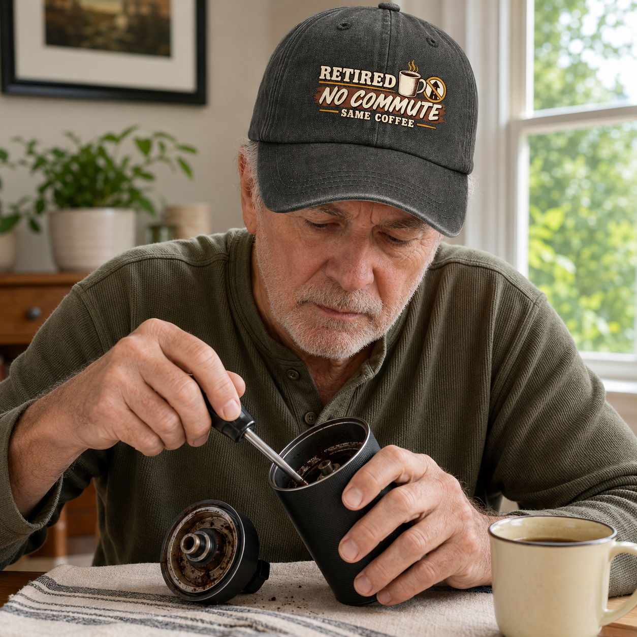 "Retired. No Commute Same Coffee" Vintage Washed Cap