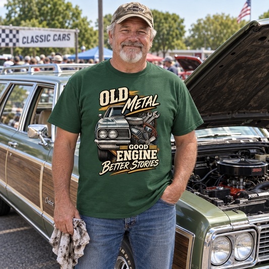 "Old Metal. Good Engine Better Stories" Vintage T-Shirt
