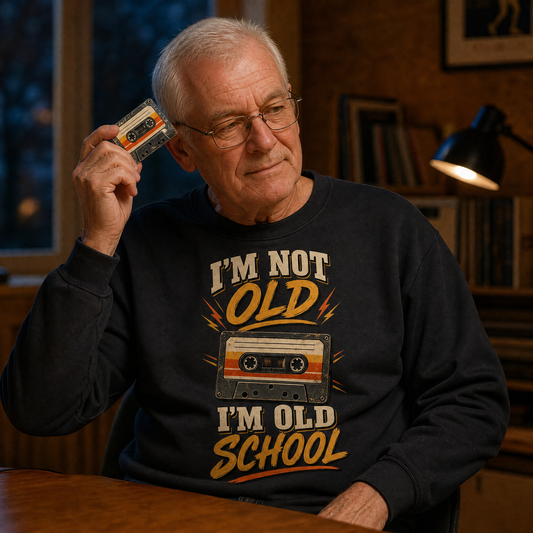 believable older man in his early 70s with a white crew cut, stooped shoulders, and a lean build, wearing reading glasses and the "I'm Not Old. I'm Old School" vintage sweatshirt as his outer layer, long sleeves clearly visible, on a cool evening, sitting at a table, holding a rewound cassette up near his ear and giving it a gentle shake, checking it by feel and sound
