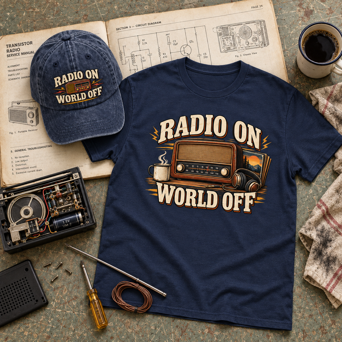 "Radio On World Off" Vintage Washed Cap