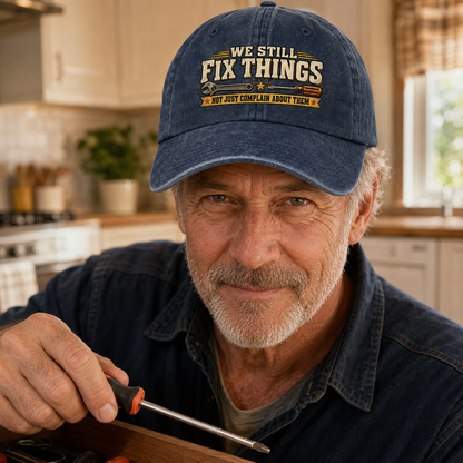 A smiling older man in a kitchen wearing a blue cap with the slogan 'WE STILL FIX THINGS BUT NOT COMPLAIN ABOUT THEM' in yellow and white text. He is holding a screwdriver and wearing a denim shirt.