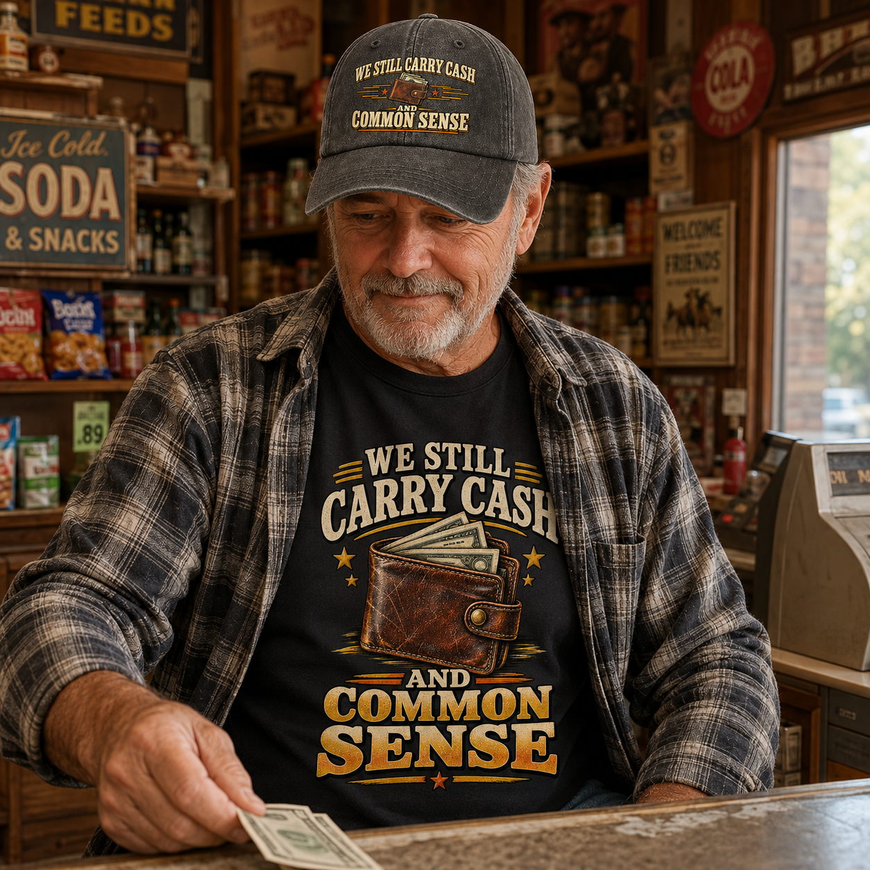 A man in a retro-style shop wearing a black graphic t-shirt that reads 'WE STILL CARRY CASH AND COMMON SENSE' with a wallet illustration, a matching plaid shirt, and a baseball cap.