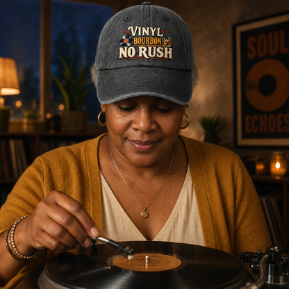 "Vinyl Bourbon. No Rush" Vintage Washed Cap