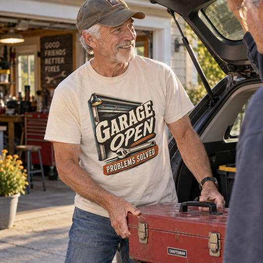 "Garage Open. Problems Solved" Vintage T-Shirt