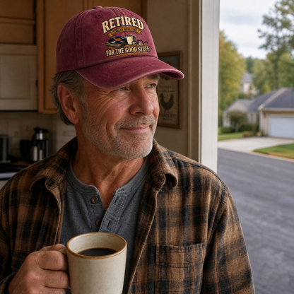 A smiling older man in a kitchen doorway wearing a burgundy baseball cap with 'RETIRED FOR THE GOOD STUFF' and a brown plaid flannel shirt, holding a mug of coffee.