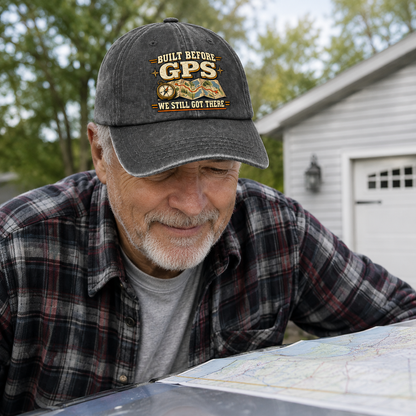 An older man wearing a dark gray baseball cap with a 'Built Before GPS We Still Got There' graphic, leaning over a map in front of a white garage and trees.