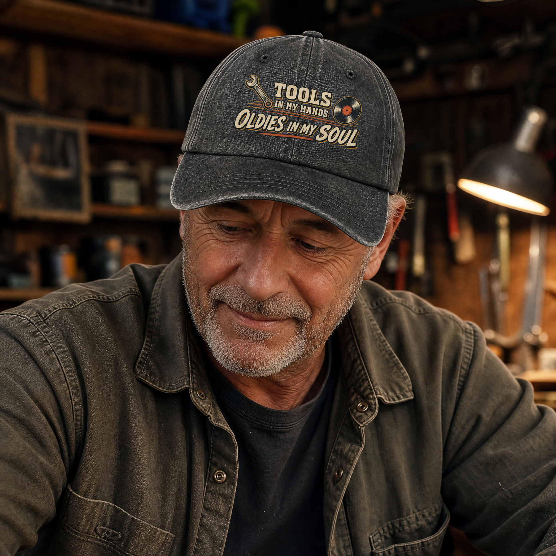 A close-up lifestyle shot of a man wearing a dark gray baseball cap with the embroidered text 'TOOLS IN MY HANDS OLDIES IN MY SOUL' in a workshop setting.