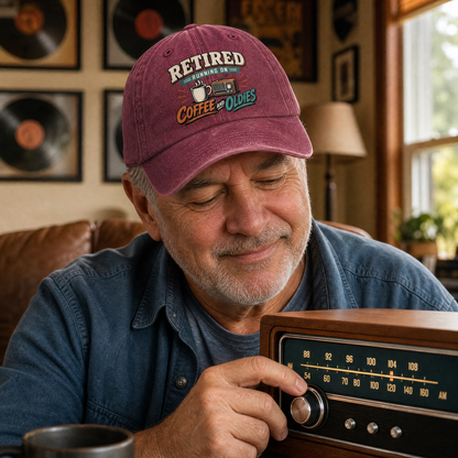 "Retired. Running On Coffee And Oldies" Vintage Washed Cap