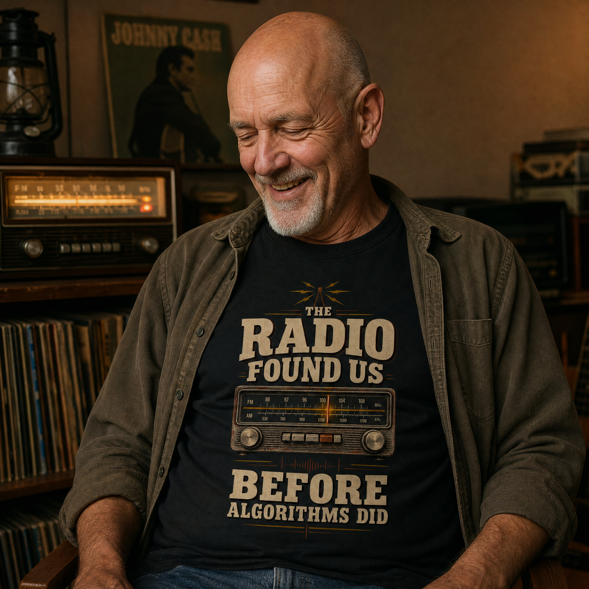 A smiling older man wearing a graphic t-shirt in a warm, vintage-themed room with record shelves and radios. The t-shirt is black with a retro radio graphic and the text 'THE RADIO FOUND US BEFORE ALGORITHMS DID'.