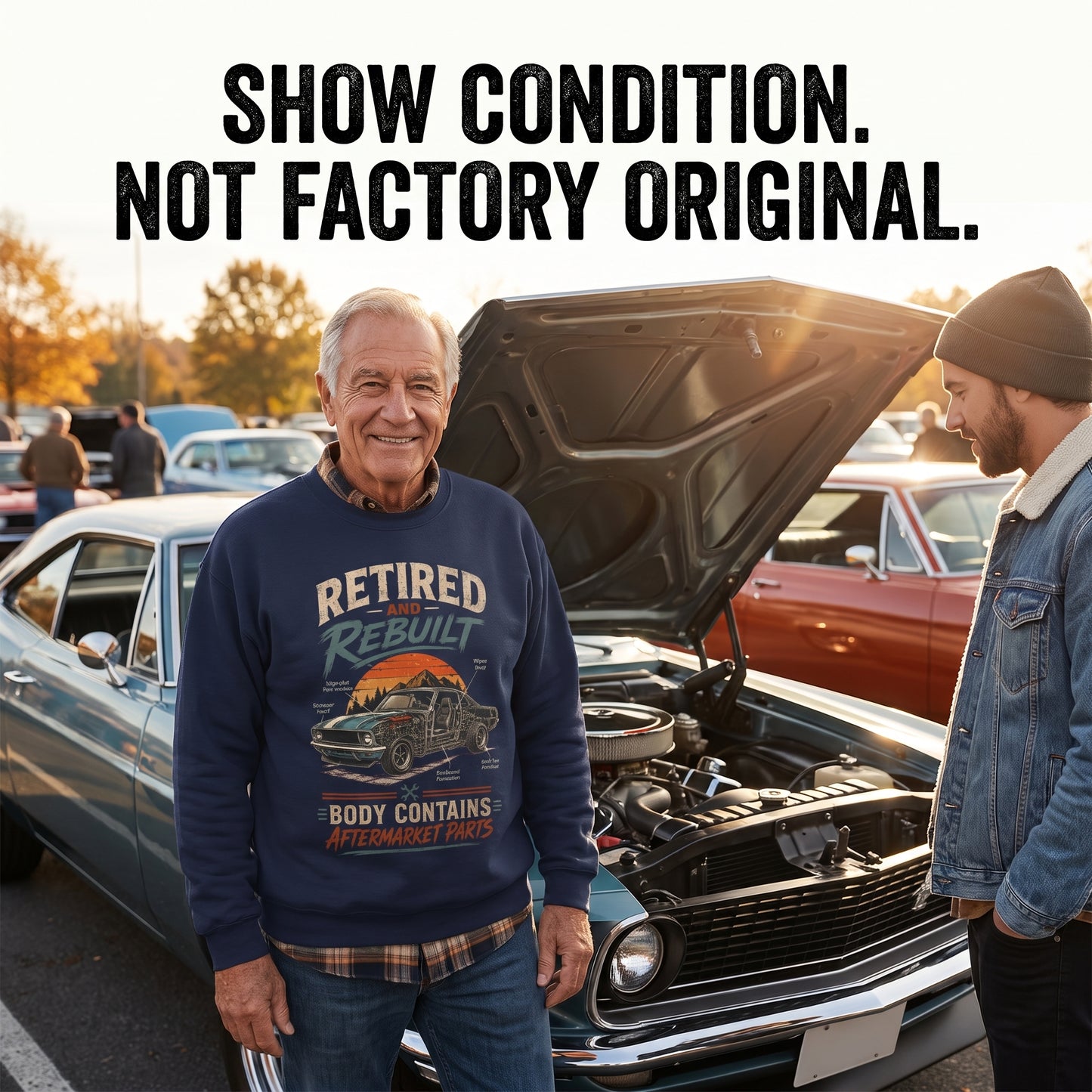 "Retired and Rebuilt Body Contains Aftermarket Parts" Funny Vintage Sweatshirt