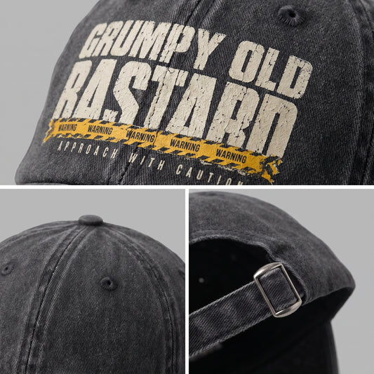 Black cap detail collage showing caution graphic, crown, brim, and buckle