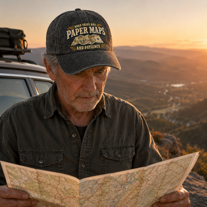 "Road Trips Had Paper Maps And Patience" Vintage Washed Cap