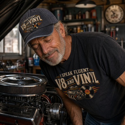 A man in a garage wearing a dark navy blue V8-themed baseball cap and matching graphic t-shirt that reads 'I SPEAK FLUENT V8 AND VINYL'.