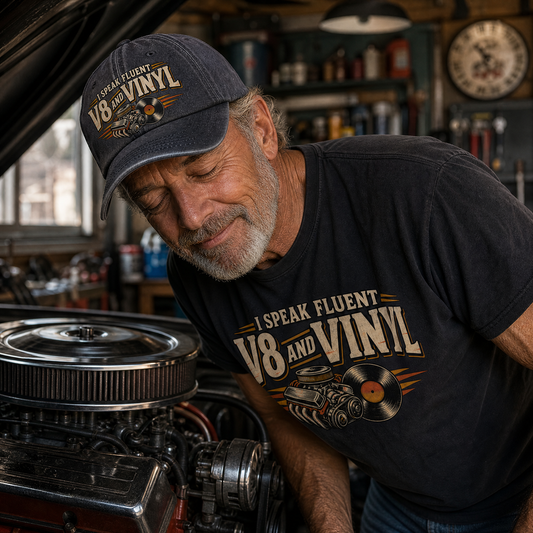 A man in a garage wearing a dark navy blue V8-themed baseball cap and matching graphic t-shirt that reads 'I SPEAK FLUENT V8 AND VINYL'.