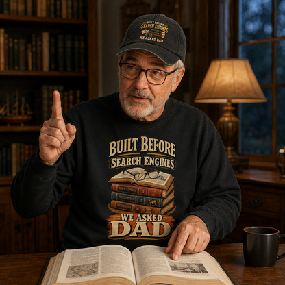 believable older man around 62 with average build and a patient, explaining expression wearing the "Built Before Search Engines We Asked Dad" vintage sweatshirt and cap on a cool evening, finger holding a page in an open encyclopedia while explaining