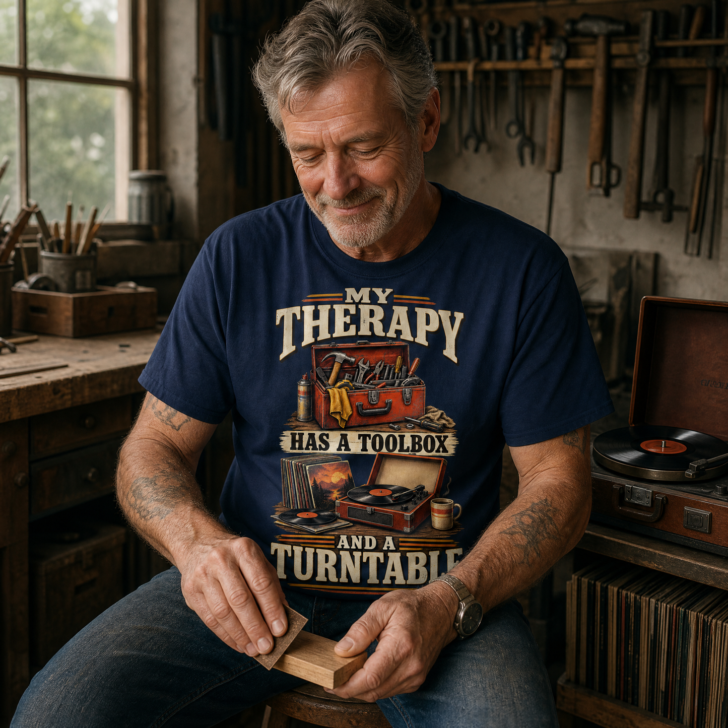 believable older man around 62 with weathered skin, gray stubble, and a work shirt wearing the "Tools In My Hands. Oldies In My Soul" vintage t-shirt, kneeling to pick up a wrench that rolled across the floor when the washing machine kicked on, an old song playing from the shelf radio