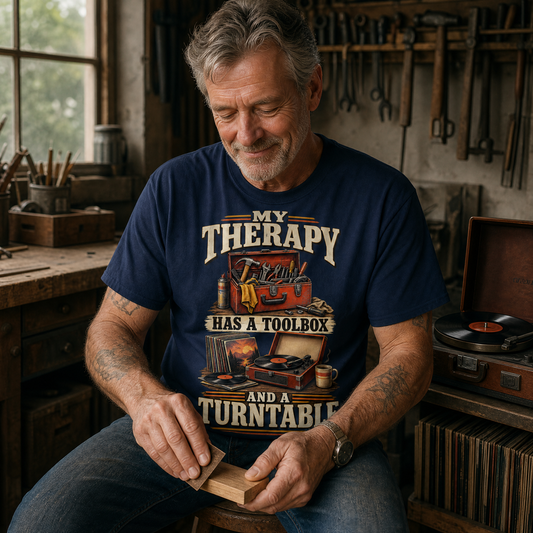 believable older man around 62 with weathered skin, gray stubble, and a work shirt wearing the "Tools In My Hands. Oldies In My Soul" vintage t-shirt, kneeling to pick up a wrench that rolled across the floor when the washing machine kicked on, an old song playing from the shelf radio