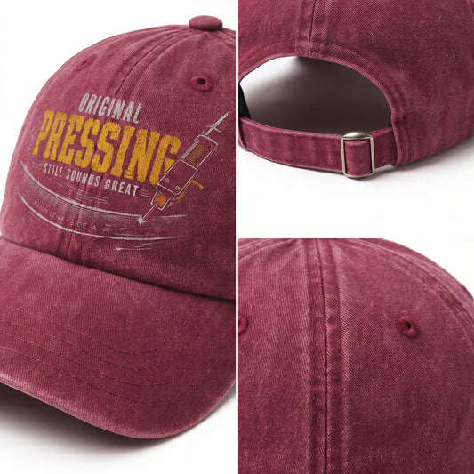 Washed cap with Original Pressing Still Sounds Great printed vinyl graphic