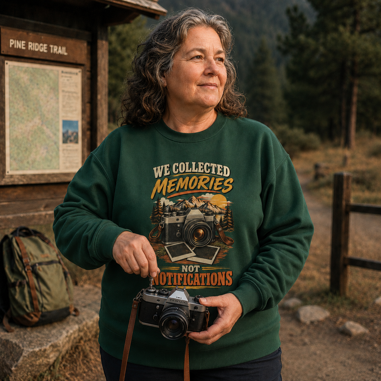 A woman standing outdoors at a trailhead holding a vintage camera, wearing a dark green crewneck sweatshirt with a graphic that reads 'WE COLLECTED MEMORIES NOT NOTIFICATIONS' with a mountain and camera illustration.