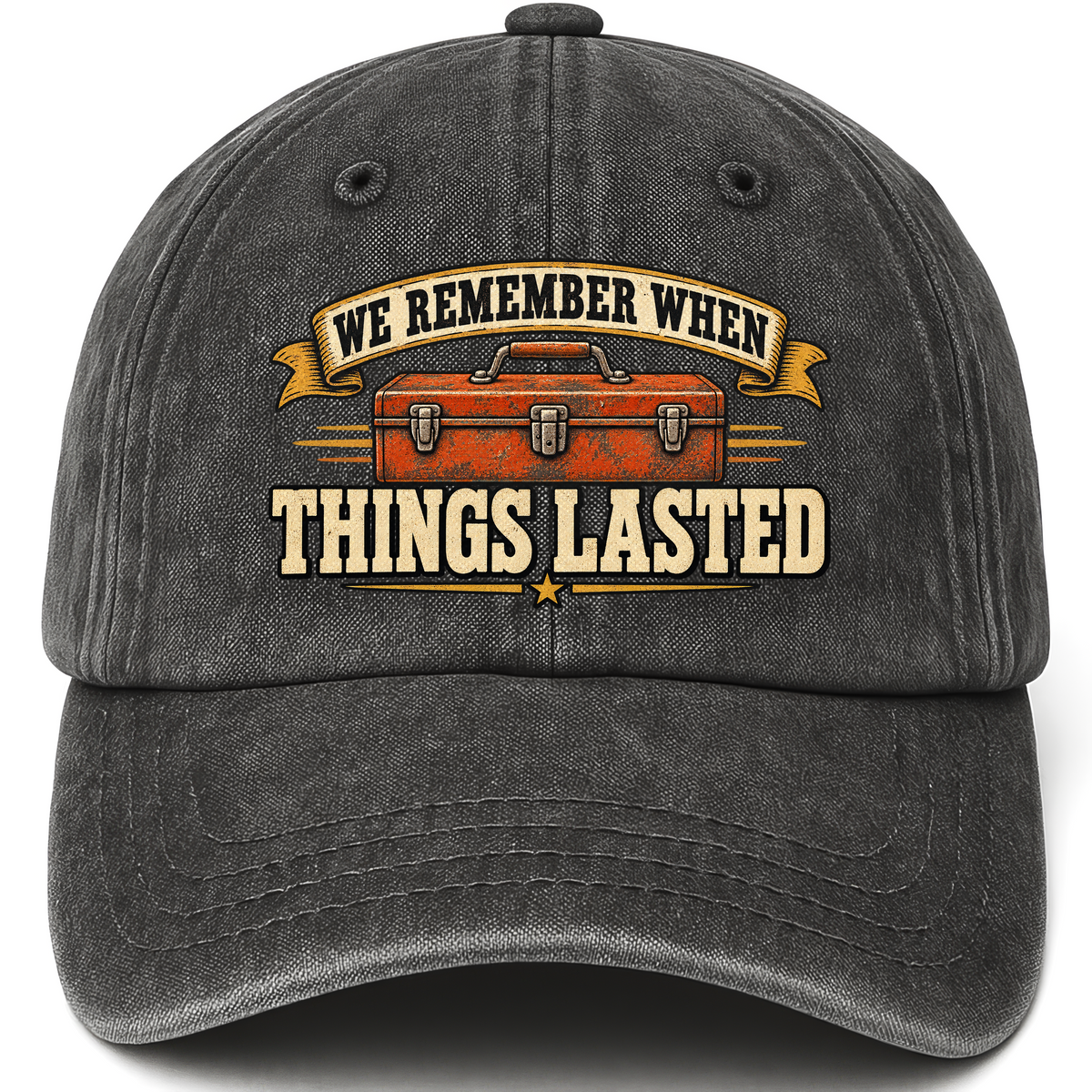 Black vintage washed cap with We Remember When Things Lasted printed front design