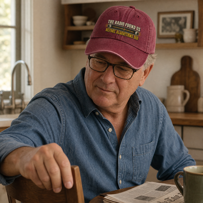 A man wearing a maroon baseball cap with the text 'THE RADIO FOUND US BEFORE ALGORITHMS' and a blue denim shirt, sitting in a warm, sunlit kitchen and looking down at a newspaper.