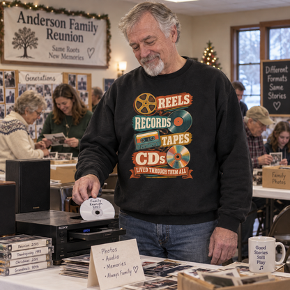 "Reels Records Tapes CDs. Lived Through Them All" Vintage Sweatshirt