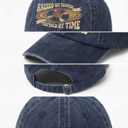 "Raised On Records. Refined By Time" Retro Music Washed Cap