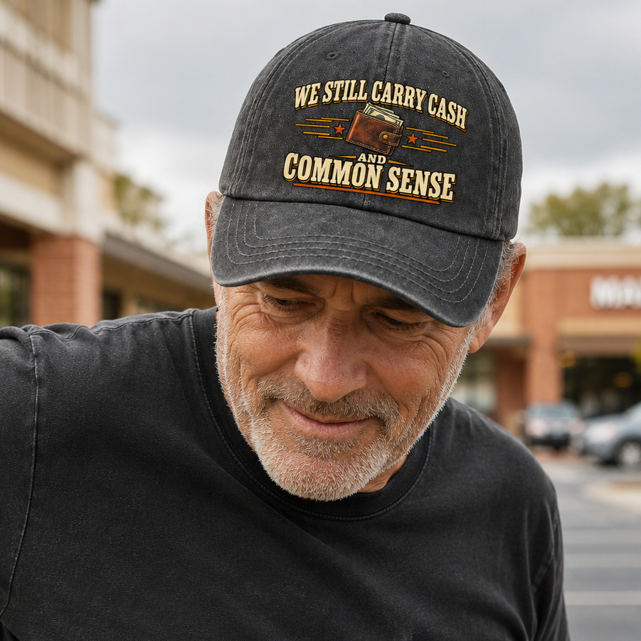 A man wearing a black baseball cap with a printed graphic that reads 'WE STILL CARRY CASH AND COMMON SENSE' in tan and brown lettering, photographed outdoors with a blurred storefront background.