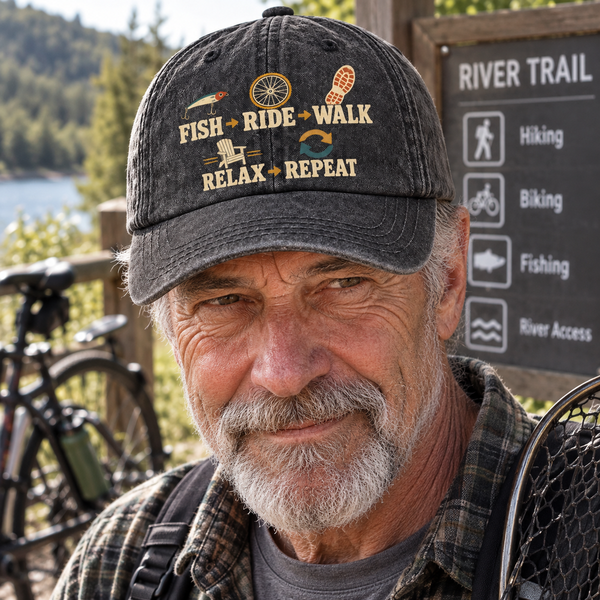 "Fish Ride Walk Relax Repeat" Vintage Washed Cap